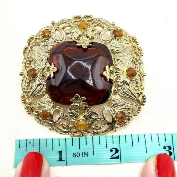 VTG Florenza Stamped Gold Large Amber Faceted Stone Etruscan Revival Brooch - Picture 12 of 14